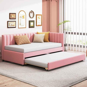 Heather Red Twin Size Linen Upholstered Daybed with Pop up Trundle - Heather Red new open box unassembled