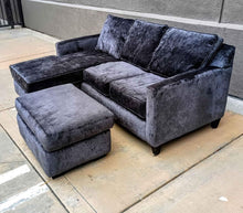 Load image into Gallery viewer, Gray velvet L sectional couch reversible and ottoman free delivery
