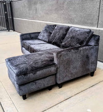 Load image into Gallery viewer, Gray velvet L sectional couch reversible and ottoman free delivery
