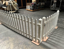 Load image into Gallery viewer, 55’ of white picket fence in 10’ /5’ pieces set to stand upright prop (rental)
