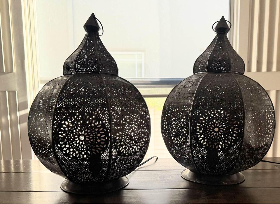 set of 2 matching Hanging Light Metal Moroccan Lamp ( Dark rustic copper ) 17” x 10”