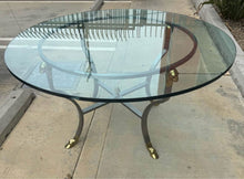 Load image into Gallery viewer, Amazing table brushed steel with gold animal hardware topped with 1” thick round glass top
