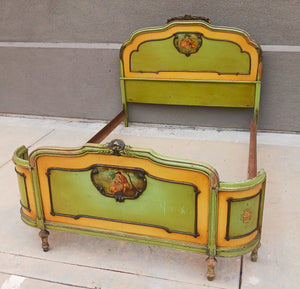 Rare ANTIQUE GREEN FRENCH BED curved panel hand painted midcentury Full