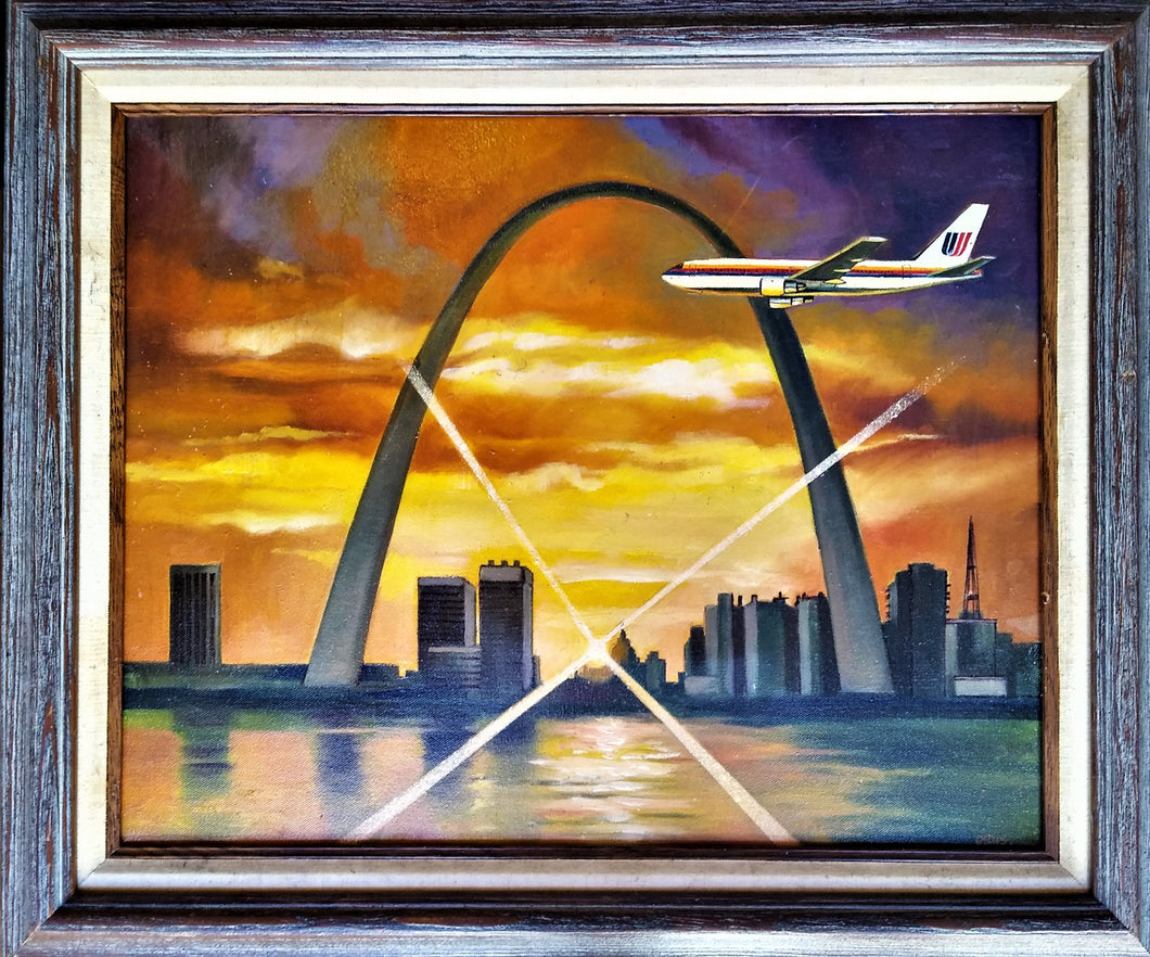 Original signed Vintage 1970's Oil On Canvas Gateway Arch with United Airlines Plane going through the arch 25