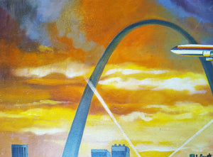 Original signed Vintage 1970's Oil On Canvas Gateway Arch with United Airlines Plane going through the arch 25" x 21"